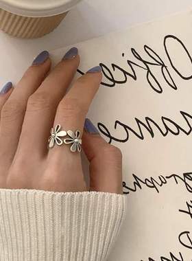 韩版S925银甜美花朵戒指女复古时尚镂空花瓣个性开口指环食指戒潮