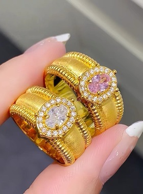 轻奢彩色椭圆戒指女宫廷风复古时尚S925镀银开口指环小众食指戒潮