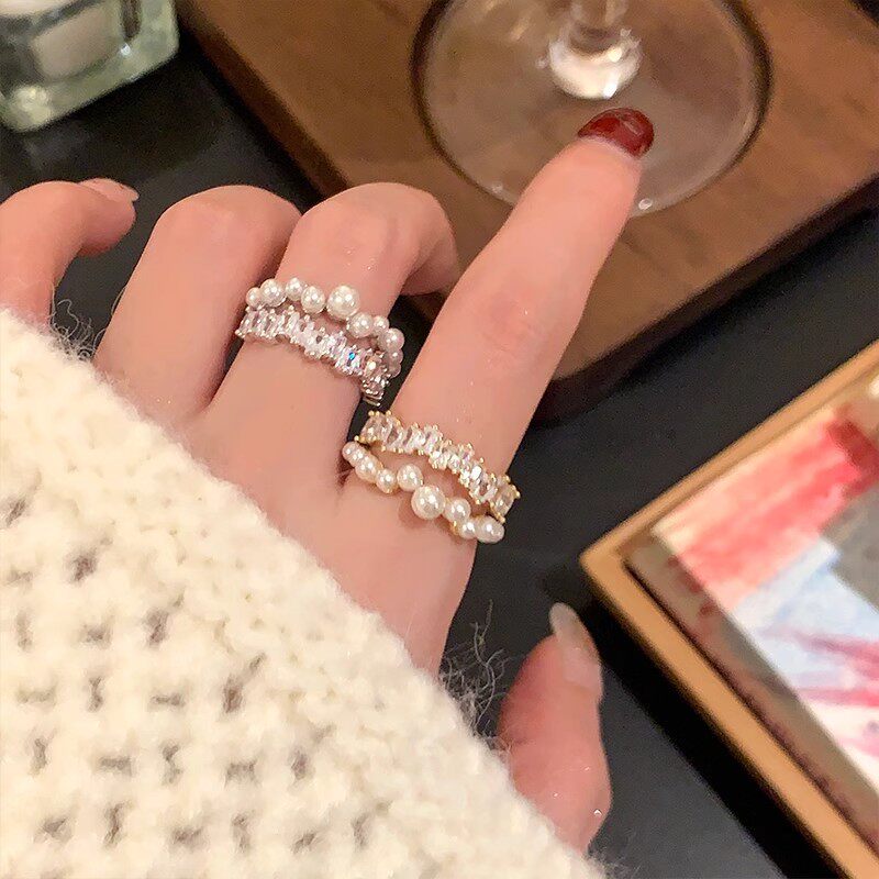 星河璀璨满天星仿珍珠双层开口戒指女时尚个性百搭S925镀银食指环