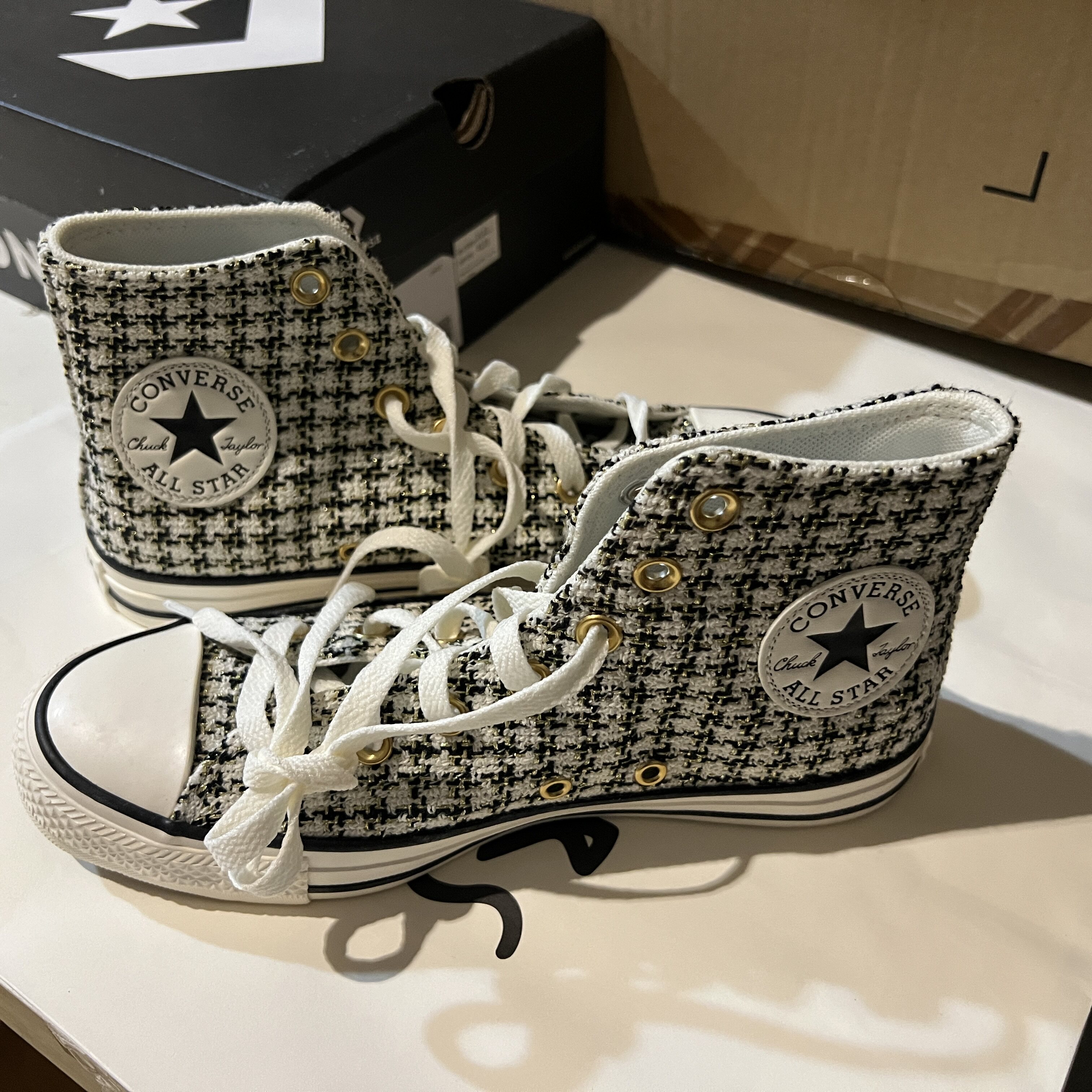 converse匡威系带allstar编织刺绣千鸟格高帮帆布鞋女 A12498C