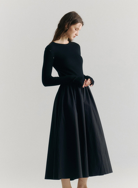SoftSelf·目之所驻法式假两件套黑色高级感长袖连衣裙女显瘦长裙