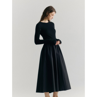 SoftSelf·目之所驻法式假两件套黑色高级感长袖连衣裙女显瘦长裙