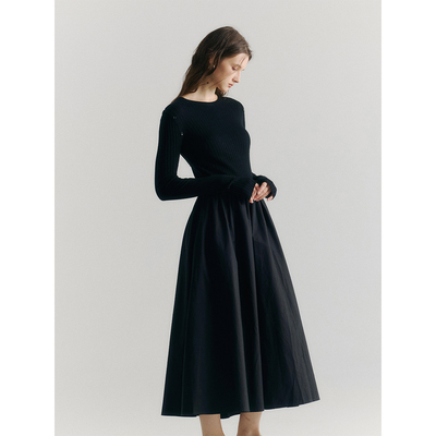 SoftSelf·目之所驻法式假两件套黑色高级感长袖连衣裙女显瘦长裙