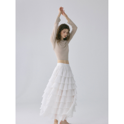 SOFTSELF慵懒春雾春季新款高腰抽褶雪纺蛋糕长半裙半身裙女式