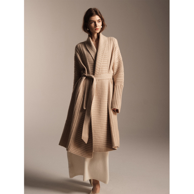 SOFTSELF雾绒诗冬季新款女高级感山羊绒翻领系带中长款毛衣