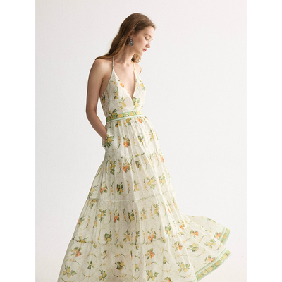 SOFTSELF薄雾梦泽新款设计感V领度假风挂脖吊带印花长裙夏