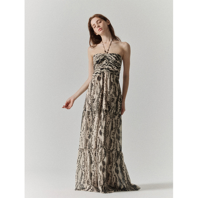 SOFTSELF薄雾梦泽新款度假感吊带挂脖虎纹垂顺长裙女夏季