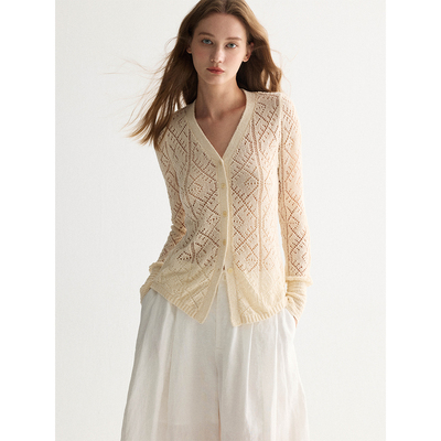 镂空长袖设计法式勾花V领开衫