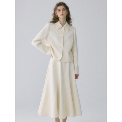 SOFTSELF慵懒春雾春季新款翻领直筒正肩短款外套伞裙半身裙套装