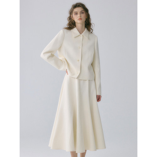 SOFTSELF慵懒春雾春季新款翻领直筒正肩短款外套伞裙半身裙套装