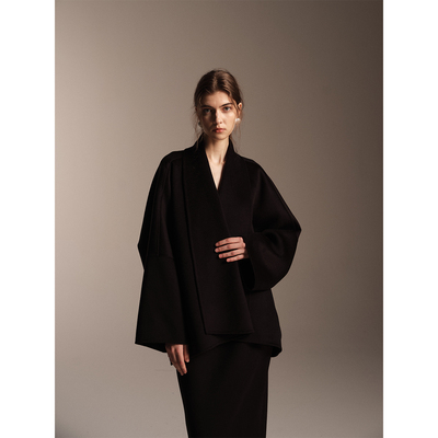 SOFTSELF雾绒诗冬款女高级感羊绒羊毛翻领宽松廓形外套半裙套装