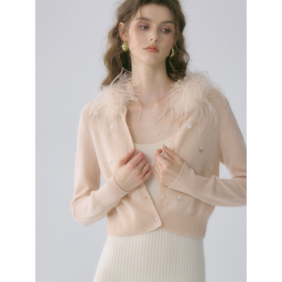 SOFTSELF慵懒春雾春季新款驼鸟毛领拼接短款开衫温柔女