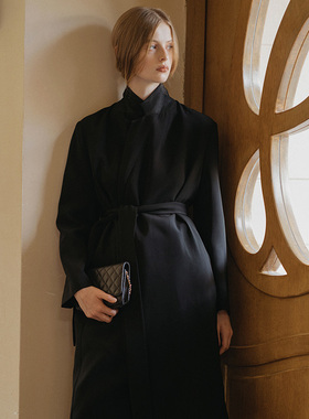 softself 醋酸黑色风衣外套女2024年新款春秋长袖系带中长款西装