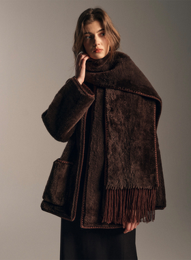 SOFTSELF雾绒诗复圆领廓形皮毛一体中长款外套冬季新款