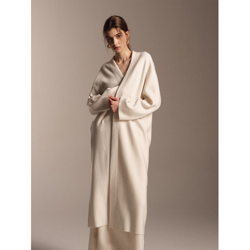 SOFTSELF雾绒诗冬季新款女高级感羊毛V领长款氛围感开衫