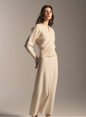 SOFTSELF雾绒诗羊绒羊毛绞花圆领针织开衫半裙套装冬季新款