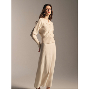 SOFTSELF雾绒诗羊绒羊毛绞花圆领针织开衫半裙套装冬季新款