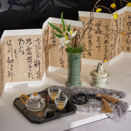 网红打卡造景宫廷风摆件花瓶国潮风美陈场景布置香炉茶具套装摆件