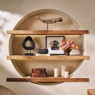 侘寂风暖棕调壁柜软装组合套装木化石摆件年轮花器客厅展厅会所