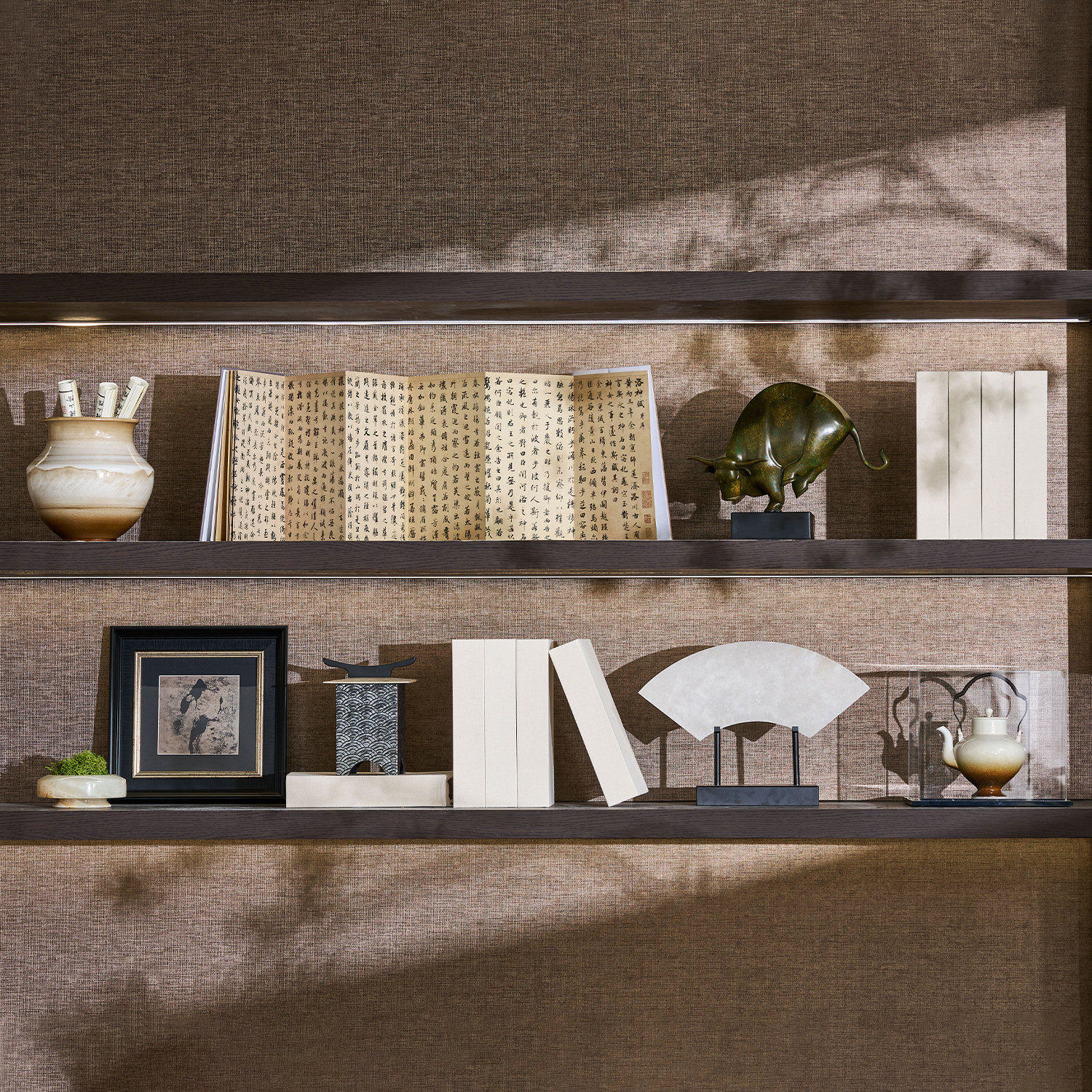 新中式样板间书房书柜展示架家饰软装搭配套装博古架茶具雕塑摆件