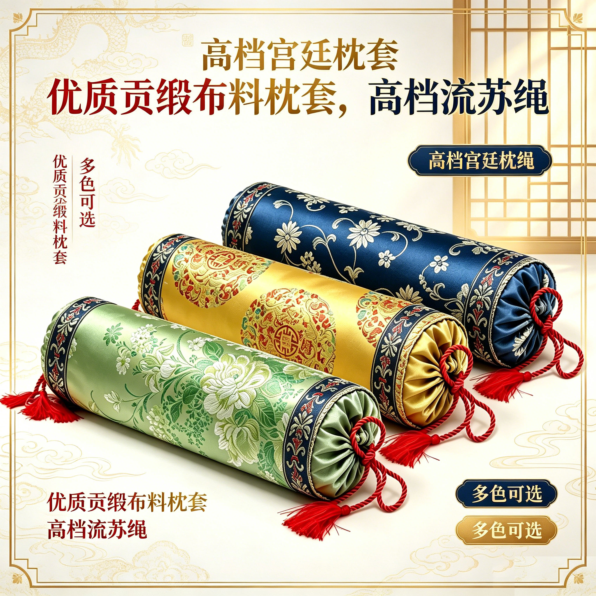 贡缎枕套圆柱形流苏款枕套颈椎枕套宫廷风糖果枕头套老式复古枕套