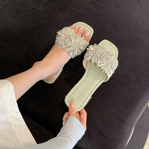 小众烟花水钻露趾平底女夏一字拖