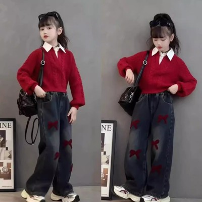 女童牛仔假两件套装秋冬2件