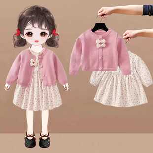 女童装早春装春季2026新款儿童网红洋气时髦女宝线衫连衣裙套装
