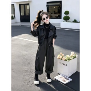 女童2026秋季炸街套装儿童春秋洋气时尚百搭酷帅皮衣工装裤两件套