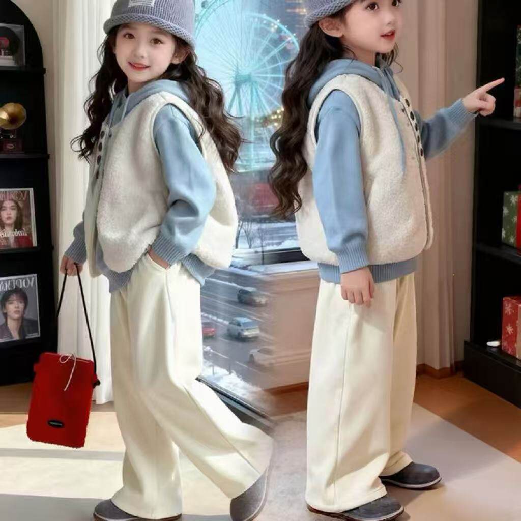 女童冬装卫衣三件套装加绒加厚马甲2025新款儿童炸街女孩冬季时髦