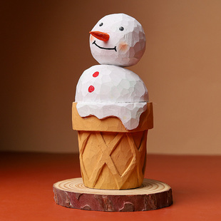 可爱雪人冰淇淋木质桌面小摆件创意萌趣装 饰品礼品纯手工手办木偶