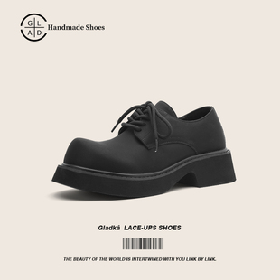 Gladka学院风德比鞋男女款黑色哑光休闲皮鞋厚底增高情侣大头皮鞋
