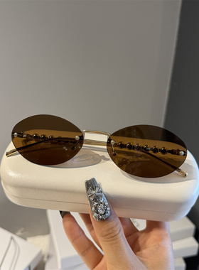 无框切边椭圆形老钱风墨镜