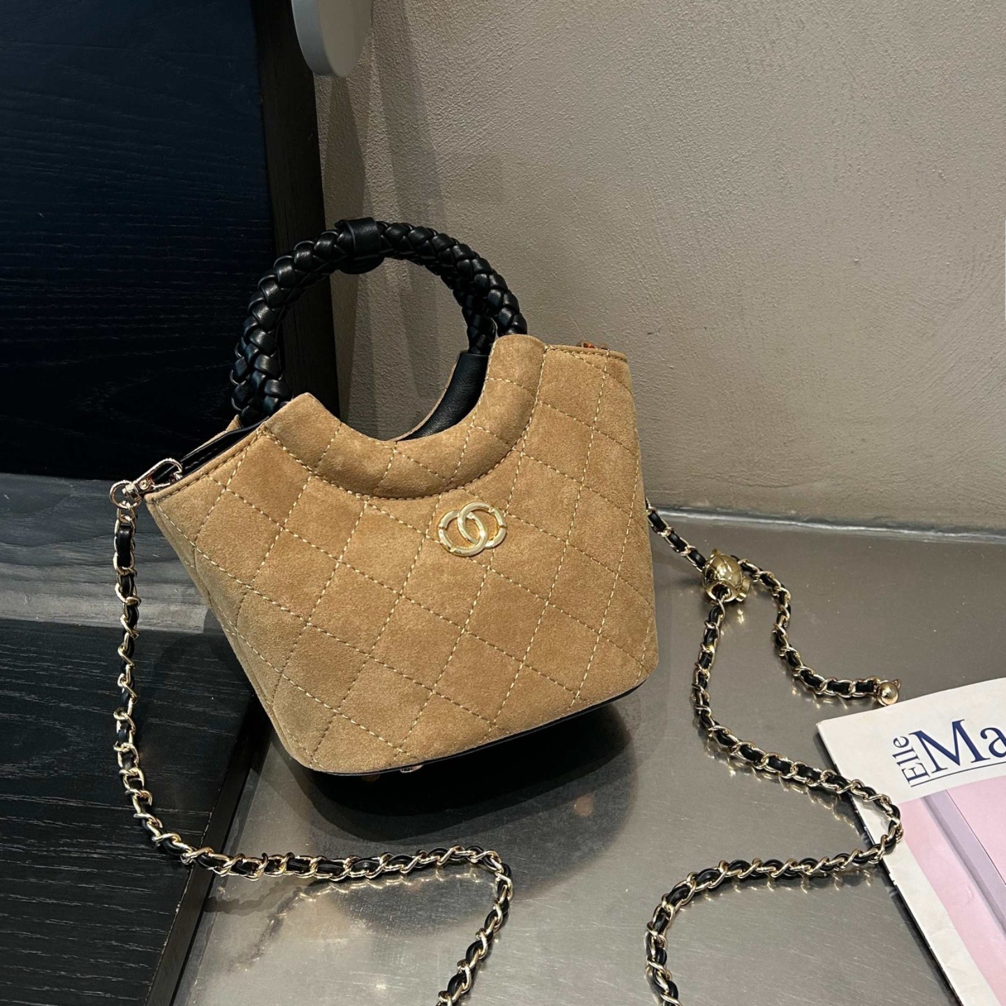 小香风磨砂真皮菱格链条包包女单肩斜挎包潮韩国mini手提小水桶包