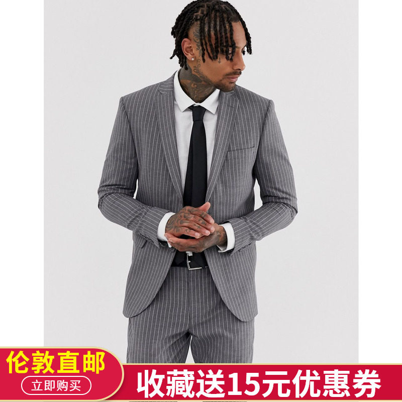 R英国低调灰修身条纹设计英伦优雅绅士型男西服外套