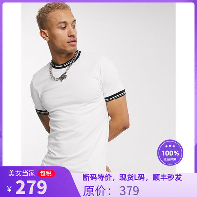 R英国新款男士时尚白色领袖条纹拼接休闲型男百搭短袖T恤