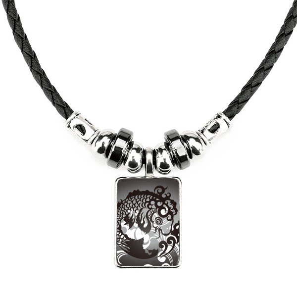 线描黑白鱼波浪花纹手工皮绳项链吊坠饰品