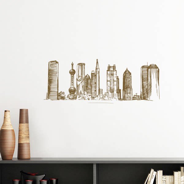 中国上海地标城市风景素描插画墙贴壁纸房间贴花