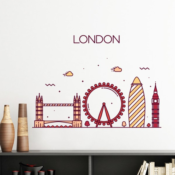 英国伦敦扁平化城市地标图案墙贴壁纸房间贴花