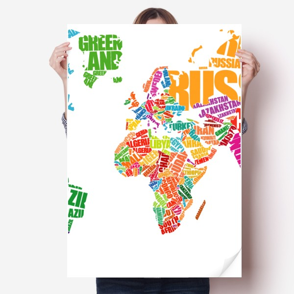 多彩世界地图国家名称插画海报贴纸80x55cm墙贴纸卧室家居装饰