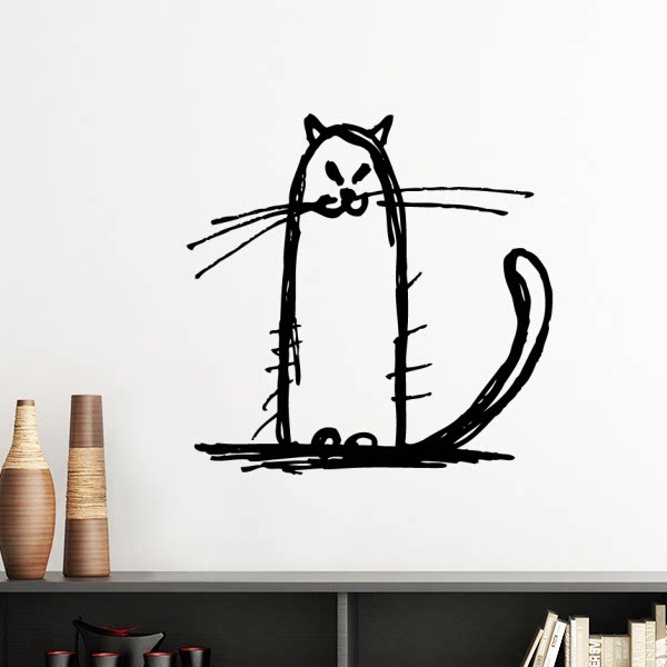 小猫微笑坐姿黑色线条墙贴壁纸房间贴花