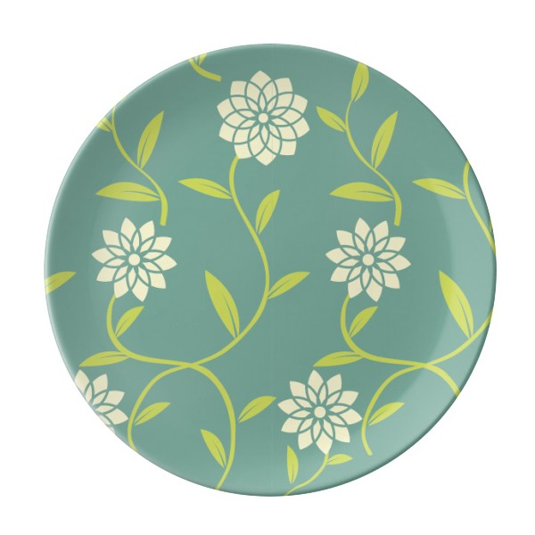 绿色花卉白花植物纹样陶瓷餐盘子8寸月光盘餐具家居礼物
