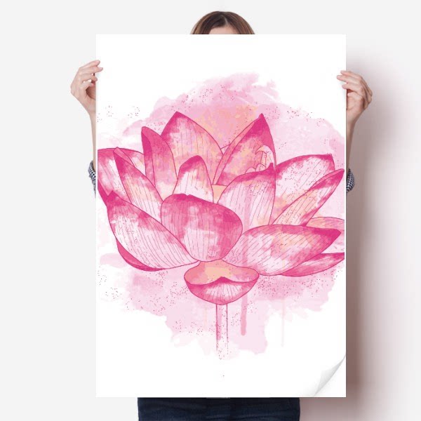 粉色水彩荷花卉植物海报贴纸80x55cm墙贴纸卧室家居装饰