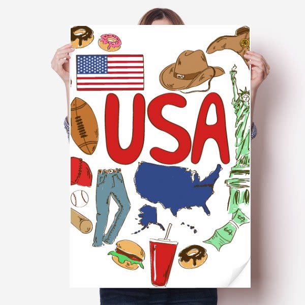 美国心形星条旗usa插画图案海报贴纸80x55cm墙贴纸卧室家居装饰