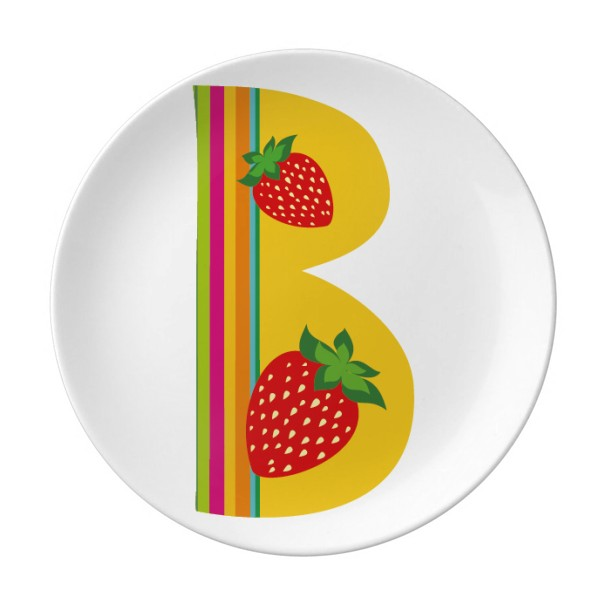 b字母草莓水果有趣可爱插画图案陶瓷餐盘子8寸月光盘餐具家居礼物