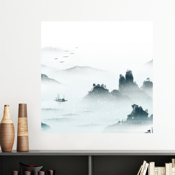 山水墨色中国古风插画墙贴壁纸房间贴花