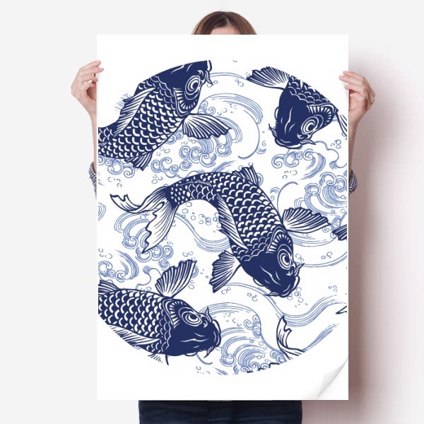 日本鲤鱼波浪蓝色纹样海报贴纸80x55cm墙贴纸卧室家居装饰