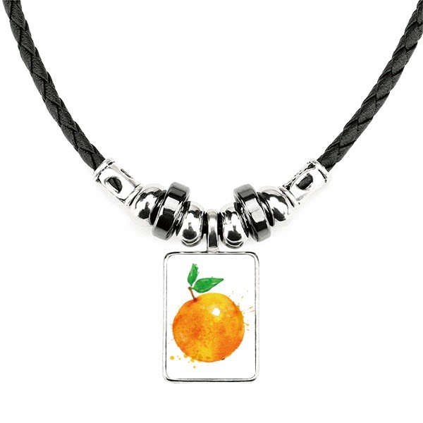 橘子水果插画纹样手工皮绳项链吊坠饰品