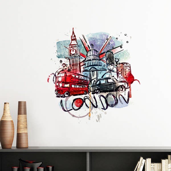 汽车巴士英国地标标记插画墙贴壁纸房间贴花