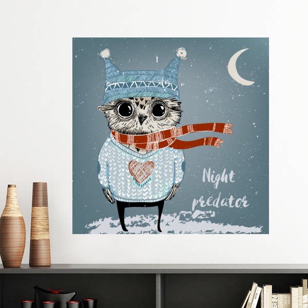 线描猫头鹰冬天雪围巾墙贴壁纸房间贴花